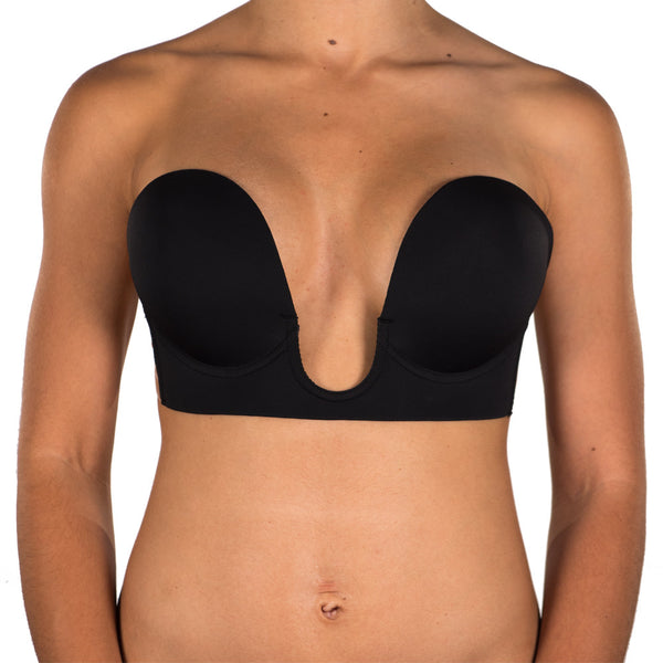 Ladies Push Up Strapless Adhesive Bra Deep U Shape Backless Bra One  Shoulder Sports Bra Top (Black, M)